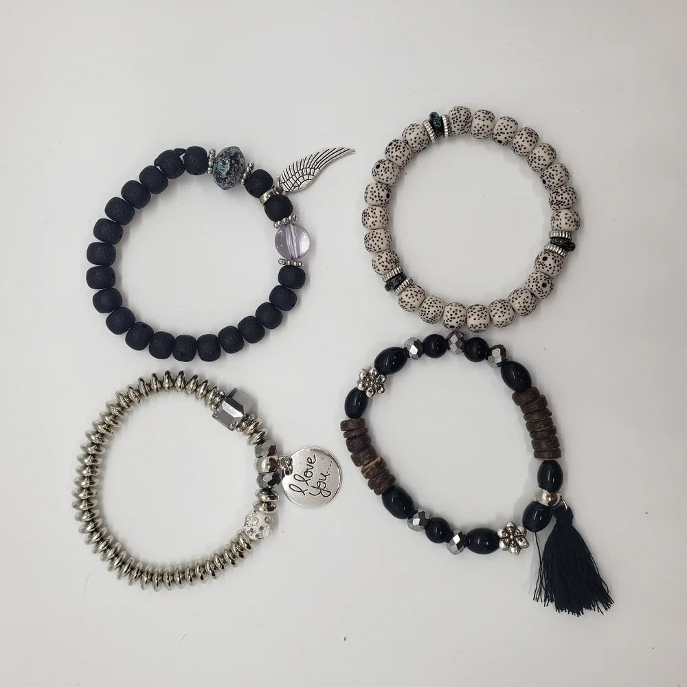 Beaded Bracelet Set Tassel Charms 4 Stretch Bracelet Set Black - Picture 7 of 11